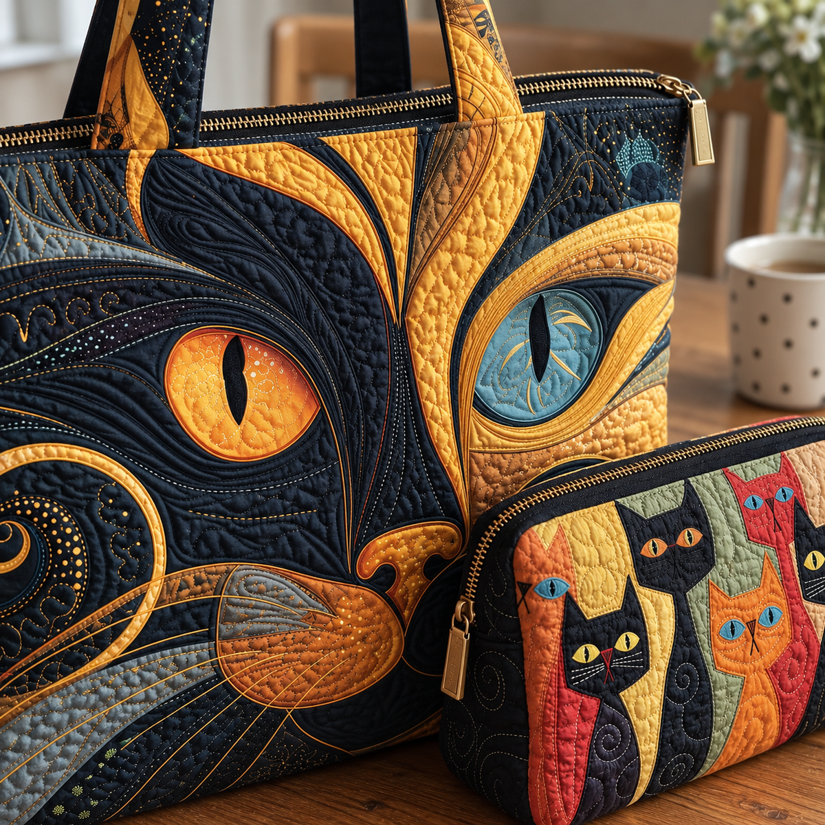Close-up of the Mystic Cat tote and Cat Spirit makeup bag showing quilting and zip details.
