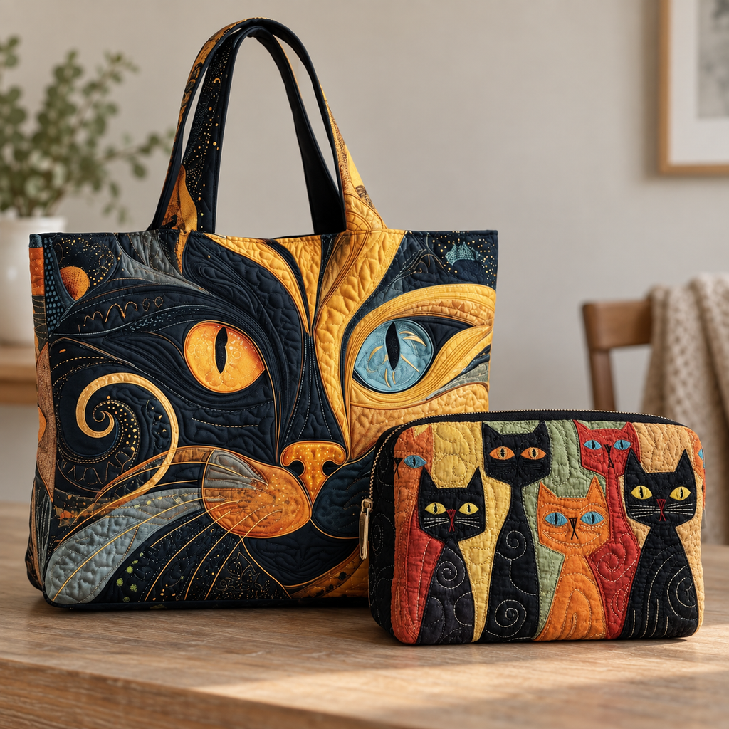 Mystic Cat Set with the quilted tote and Cat Spirit makeup bag together.