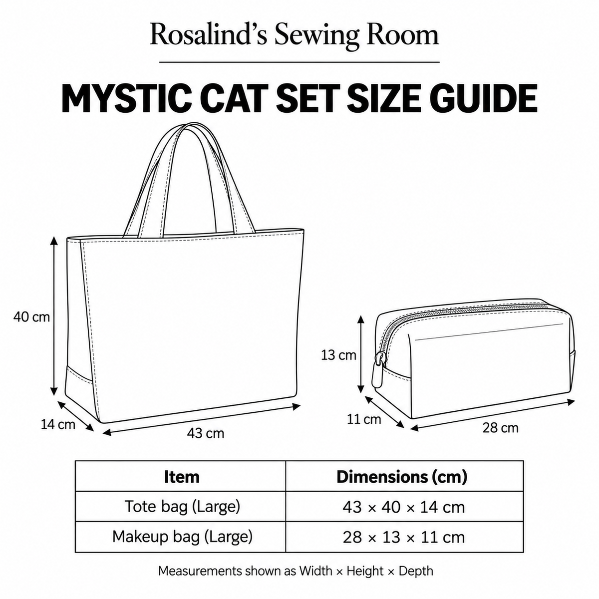 Mystic Cat Set size guide showing Large tote bag and makeup bag dimensions