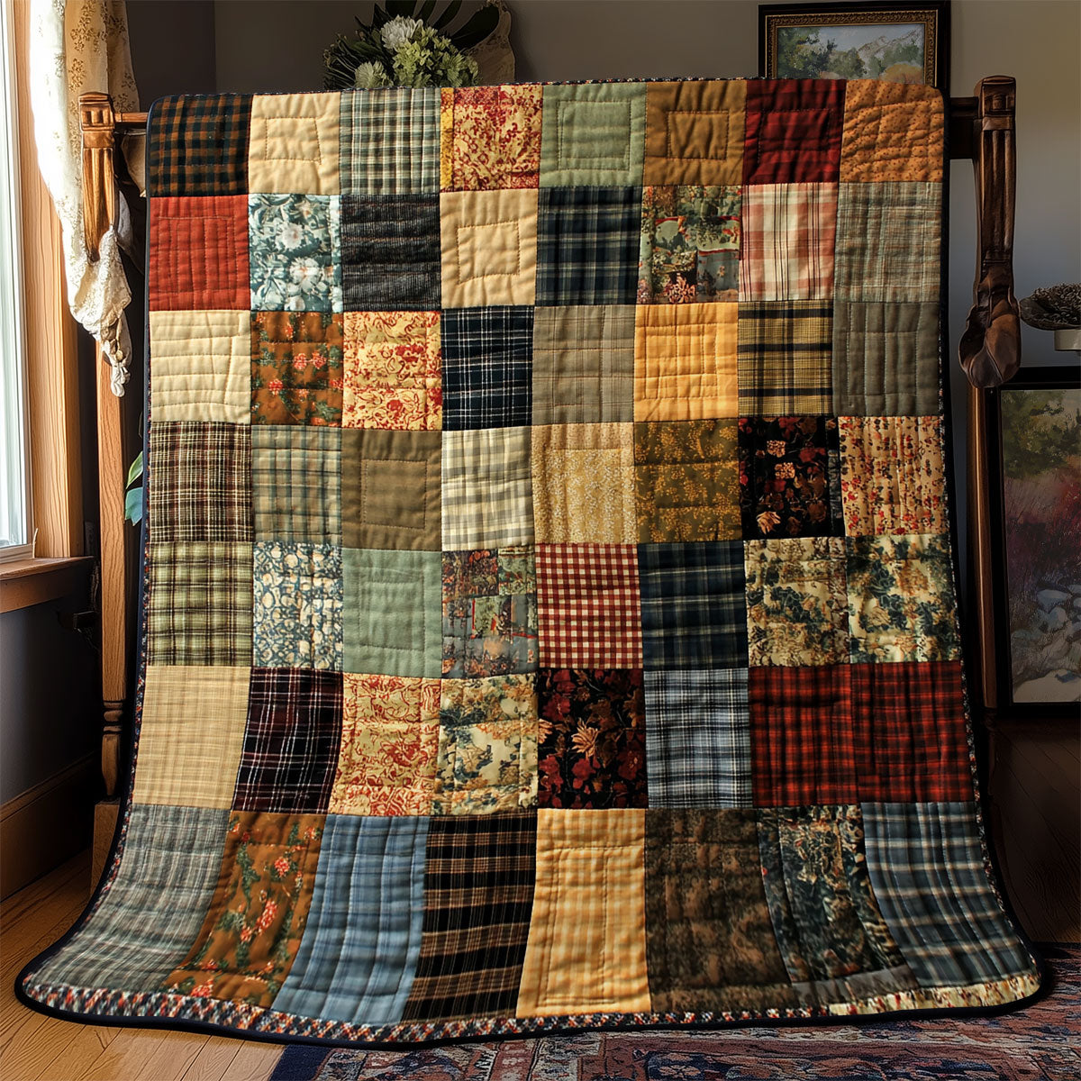 Country Plaid Patchwork quilted throw – plaid and floral patchwork squares