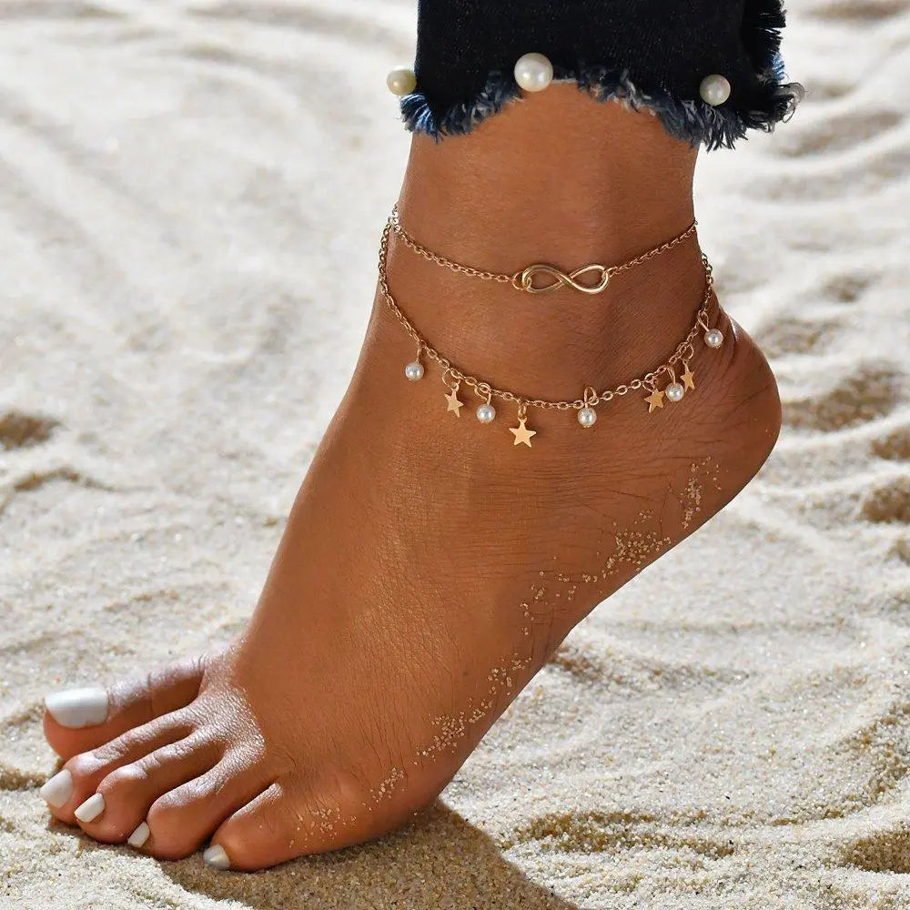 Layered infinity anklet with pearls and stars