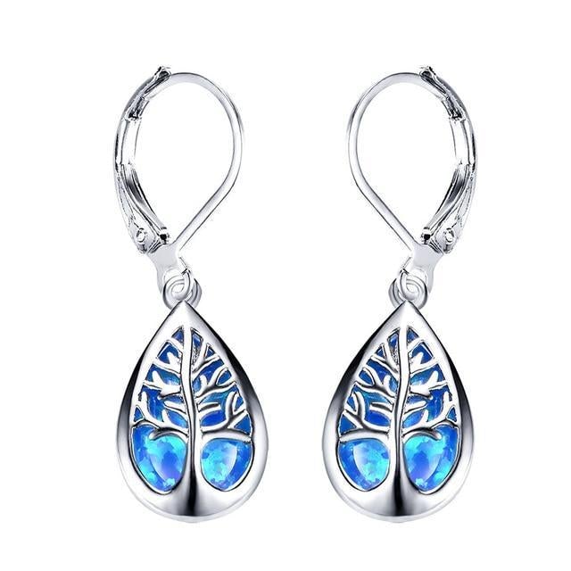 Silver-tone tree of life teardrop earrings in blue