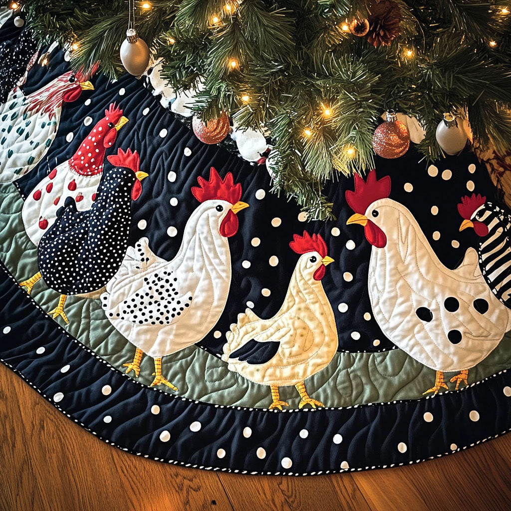 Christmas Hens quilted Christmas tree skirt – white and speckled hens on navy with snowy polka dots