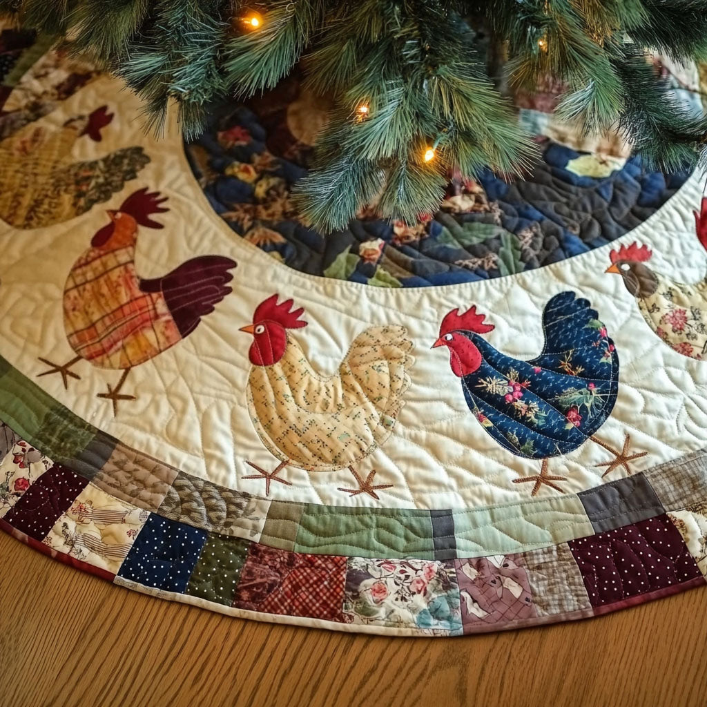 Country Lane Hens quilted Christmas tree skirt – speckled, golden and navy hens with a red and green patchwork border