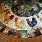 Country Lane Hens quilted Christmas tree skirt – speckled, golden and navy hens with a red and green patchwork border