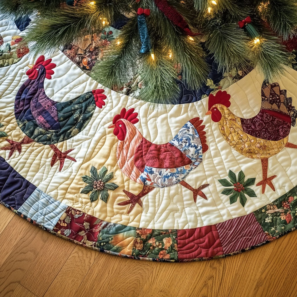 Patchwork Hens quilted Christmas tree skirt – purple, red and gold hens on cream with a patchwork border
