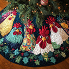 Rainbow Cockerels quilted Christmas tree skirt – colourful cockerels and hens on navy with holly
