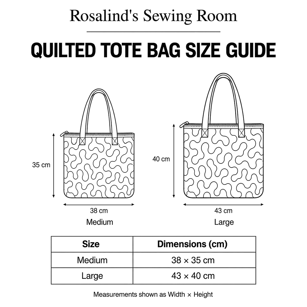 Quilted tote bag size guide – Medium 38 × 35 cm and Large 43 × 40 cm
