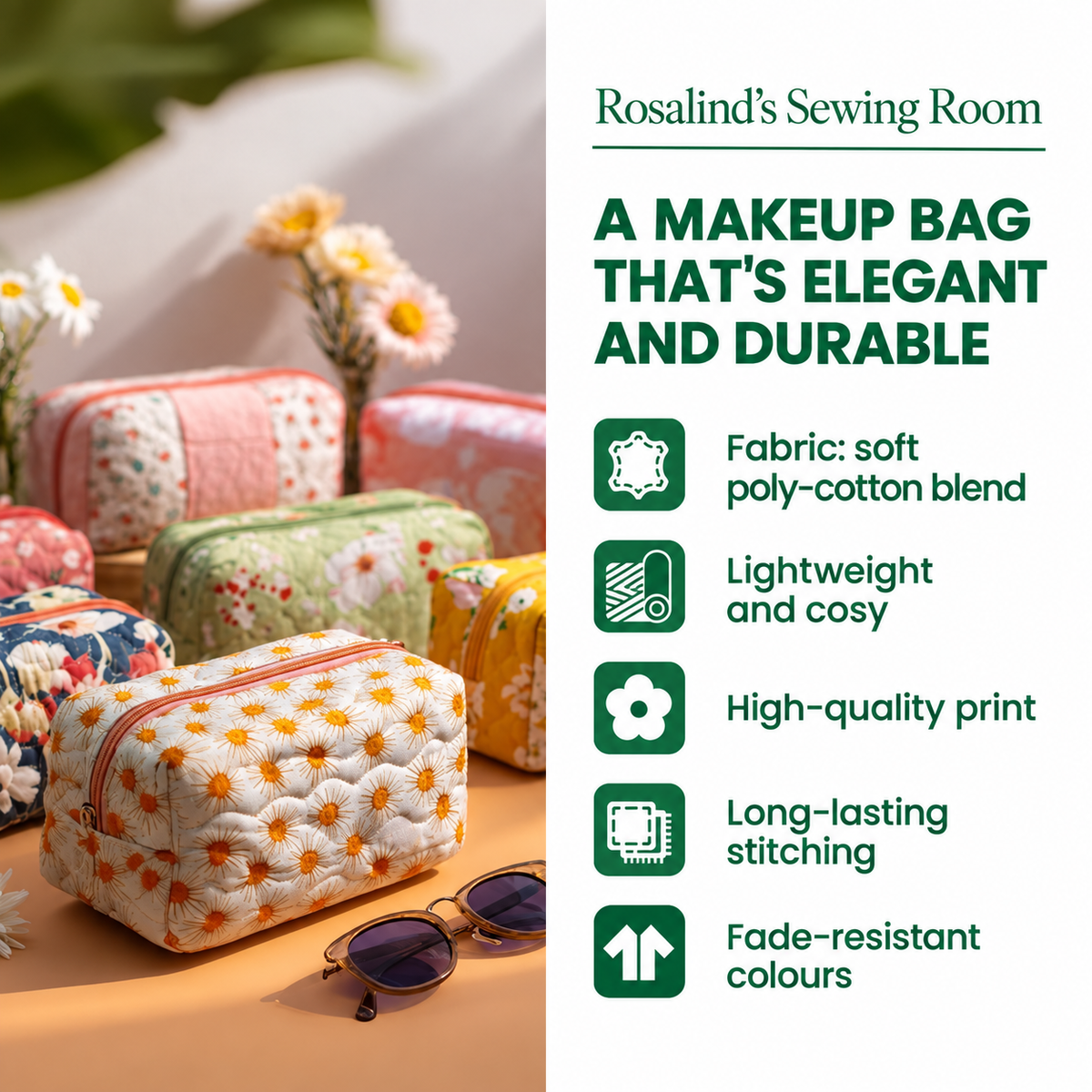 Rosalind's Sewing Room quilted make-up bag features: soft poly-cotton blend, lightweight and cosy, high-quality print, long-lasting stitching, fade-resistant colours