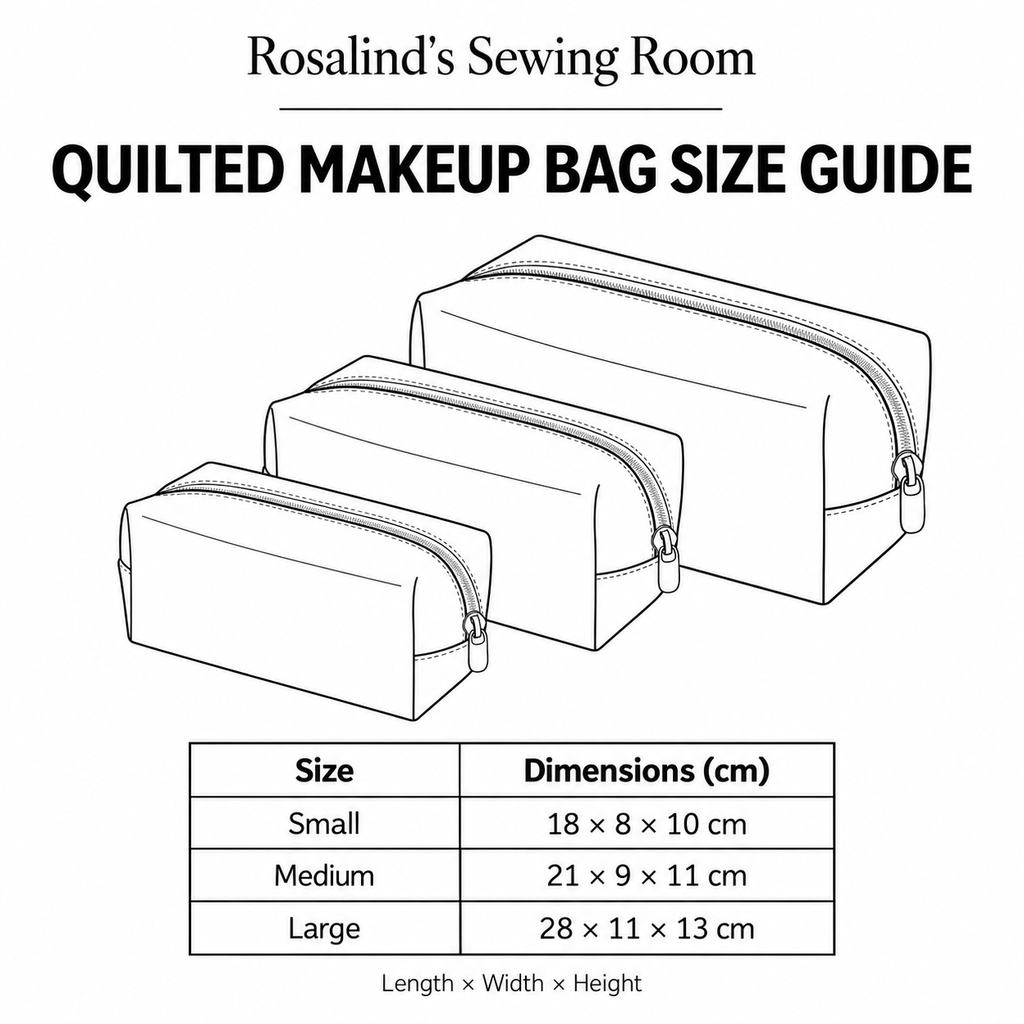 Rosalind's Sewing Room quilted make-up bag size guide: small 18 × 8 × 10 cm, medium 21 × 9 × 11 cm, large 28 × 11 × 13 cm