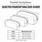 Rosalind's Sewing Room quilted make-up bag size guide: small 18 × 8 × 10 cm, medium 21 × 9 × 11 cm, large 28 × 11 × 13 cm