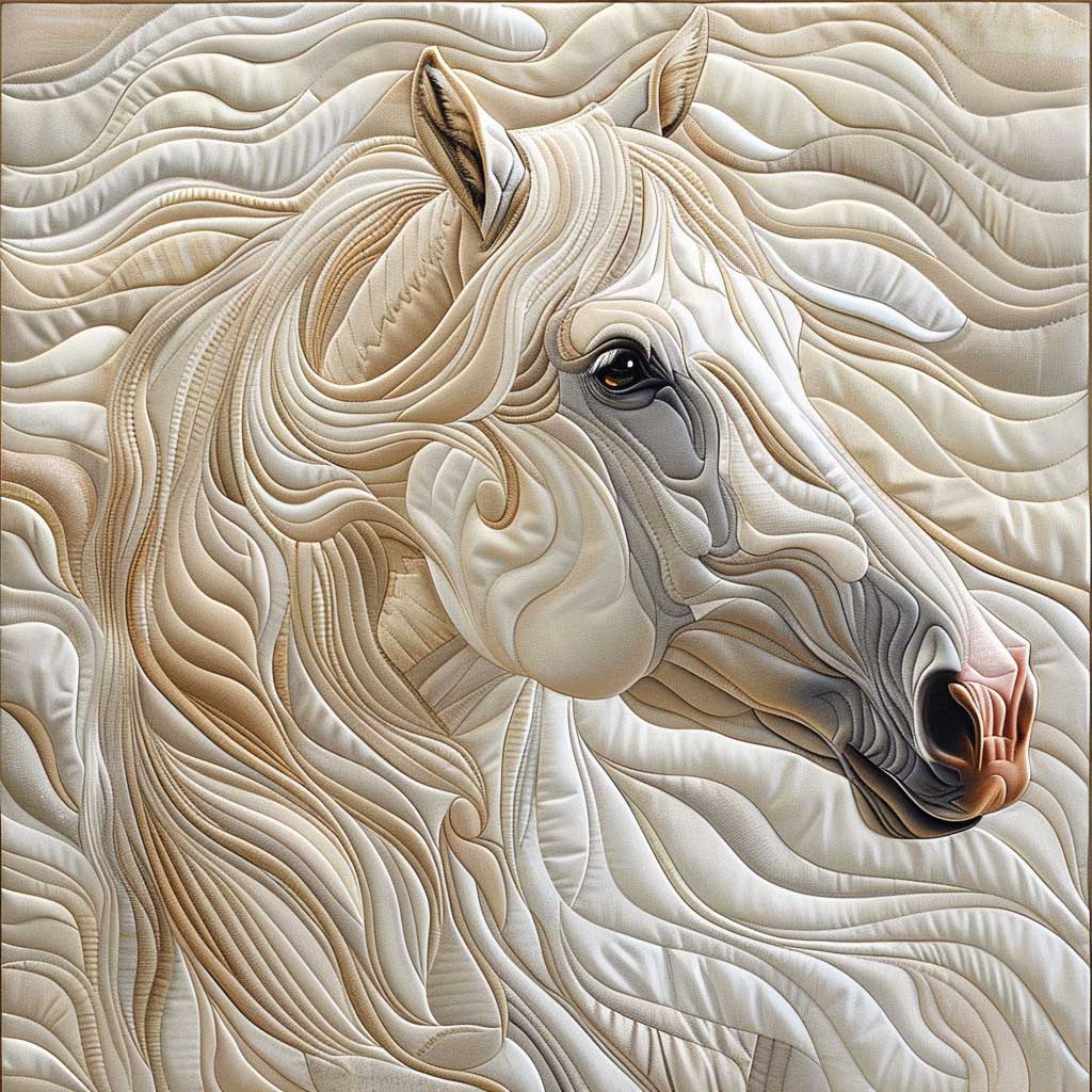 Ivory Horse quilted throw – white horse in soft ivory swirls