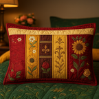 Folk Flower Panels quilted pillowcase – folk flowers in gold and red panels