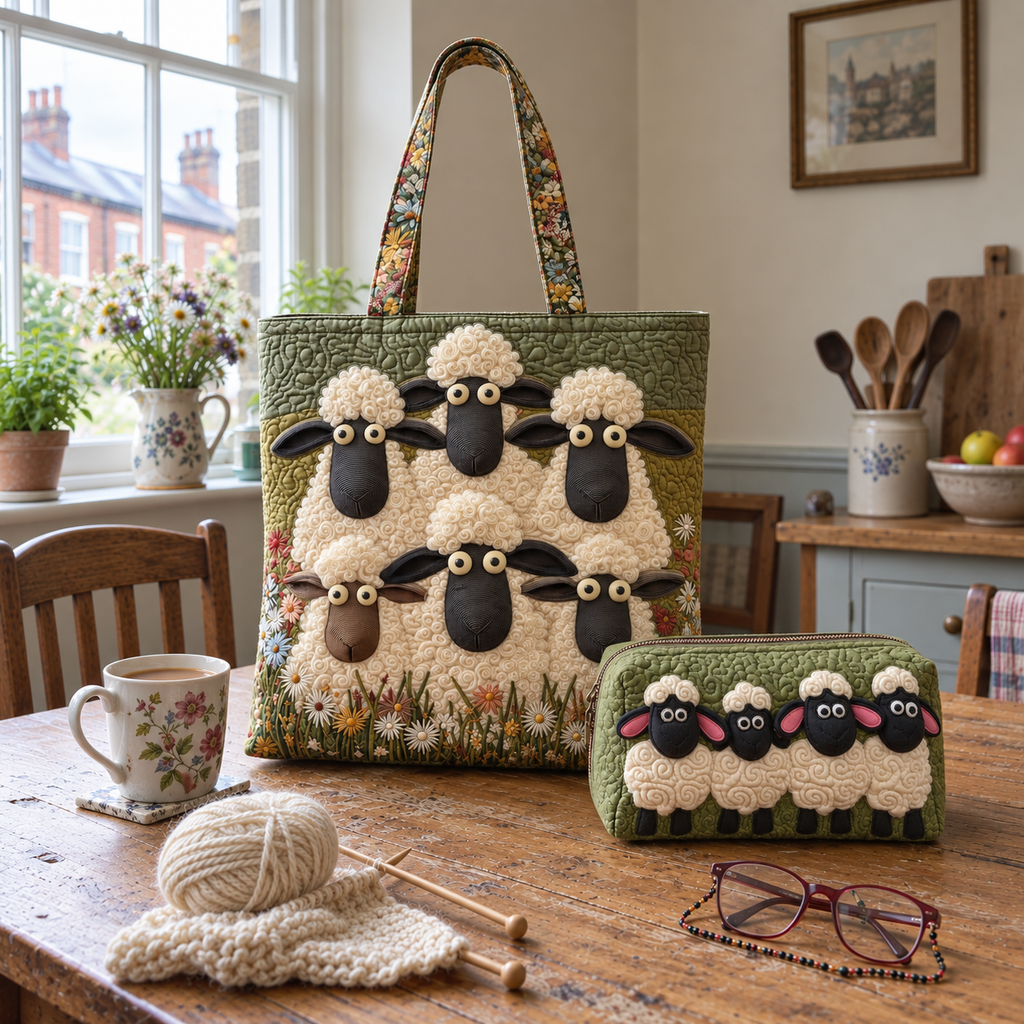 Six Sheep tote and Cute Herd makeup bag on a kitchen table with tea and knitting.
