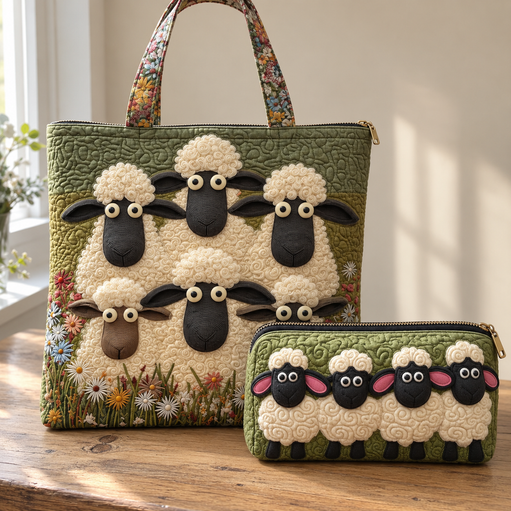 Six Sheep Set with the quilted tote and Cute Herd makeup bag together.