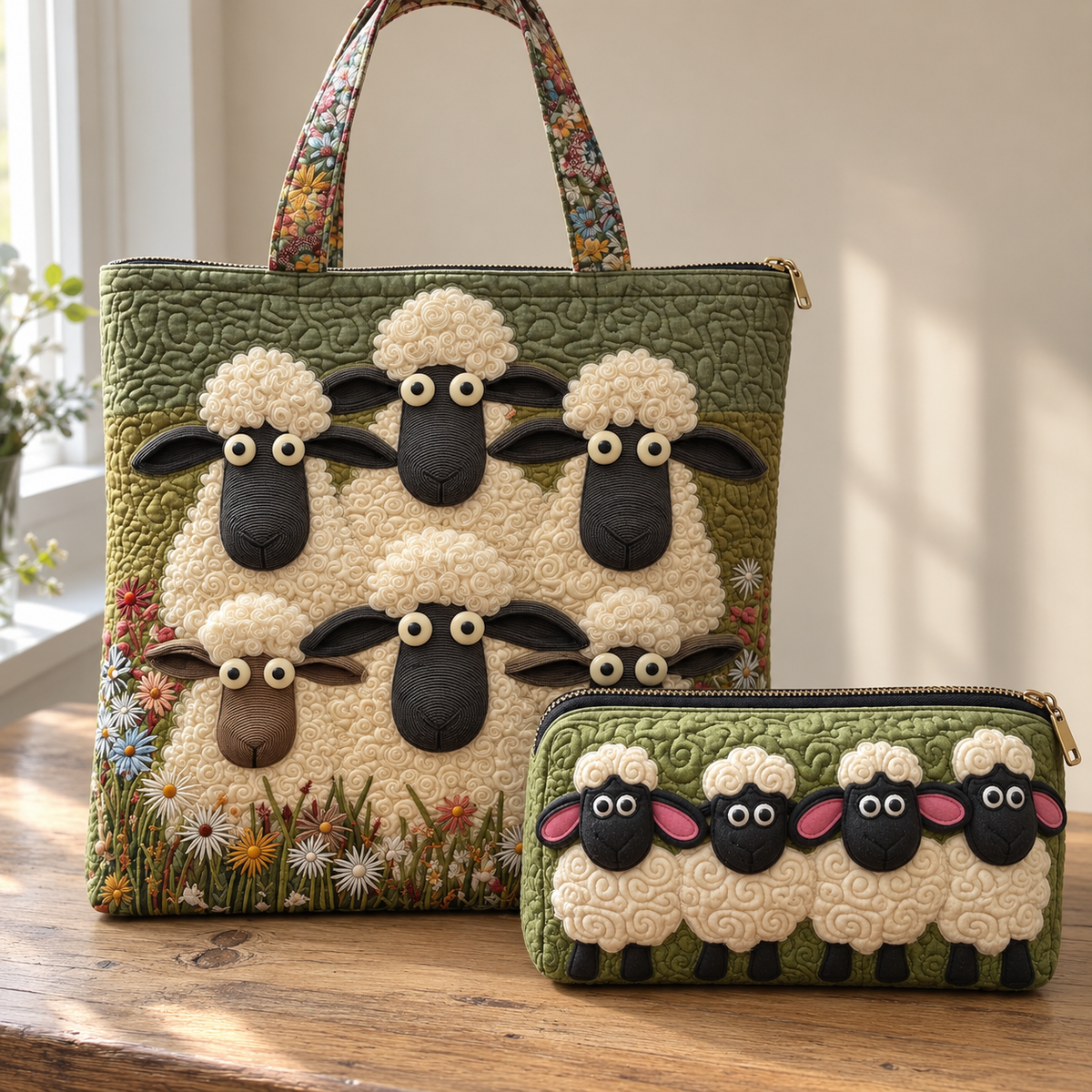 Six Sheep Set with the quilted tote and Cute Herd makeup bag together.
