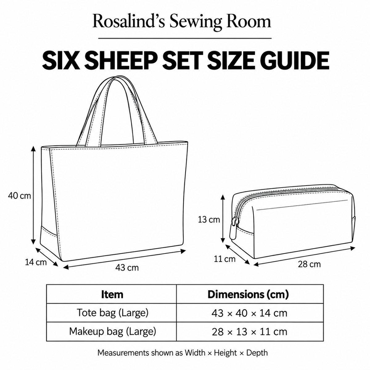 Six Sheep Set size guide showing Large tote bag and makeup bag dimensions