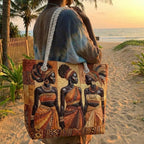 Woman carrying the Golden Queens quilted beach bag along the shore