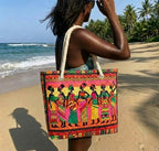Quilted beach bag with the African Queens design, Black women in headwraps and patterned cloth