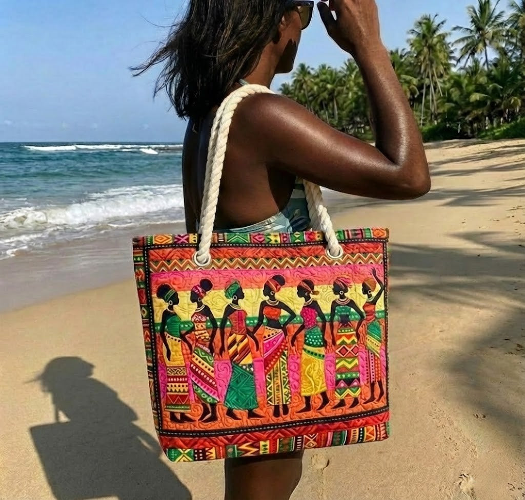 Quilted beach bag with the African Queens design, Black women in headwraps and patterned cloth