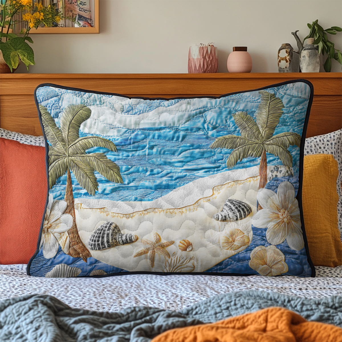 Seashell Shore quilted pillowcase – palms and seashells on white sand