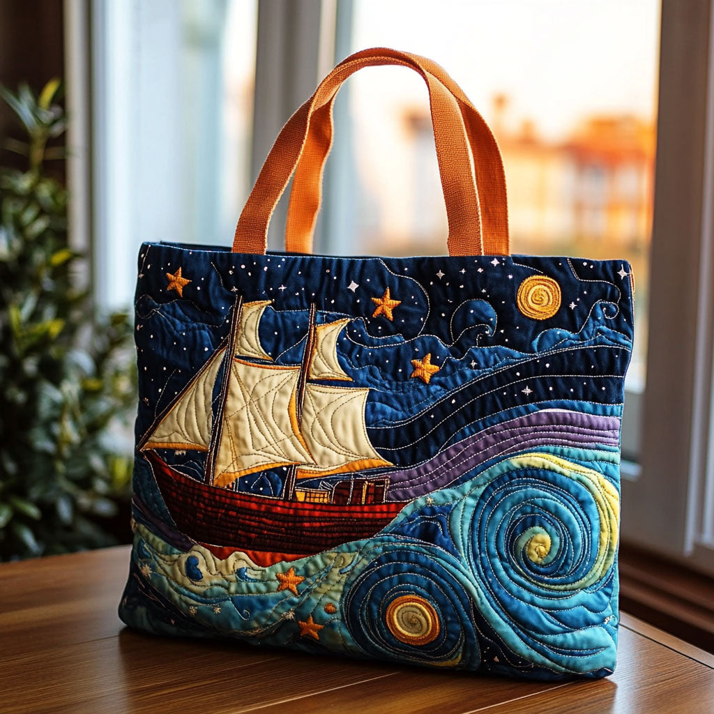 Voyage of Stars quilted tote bag – ship under stars