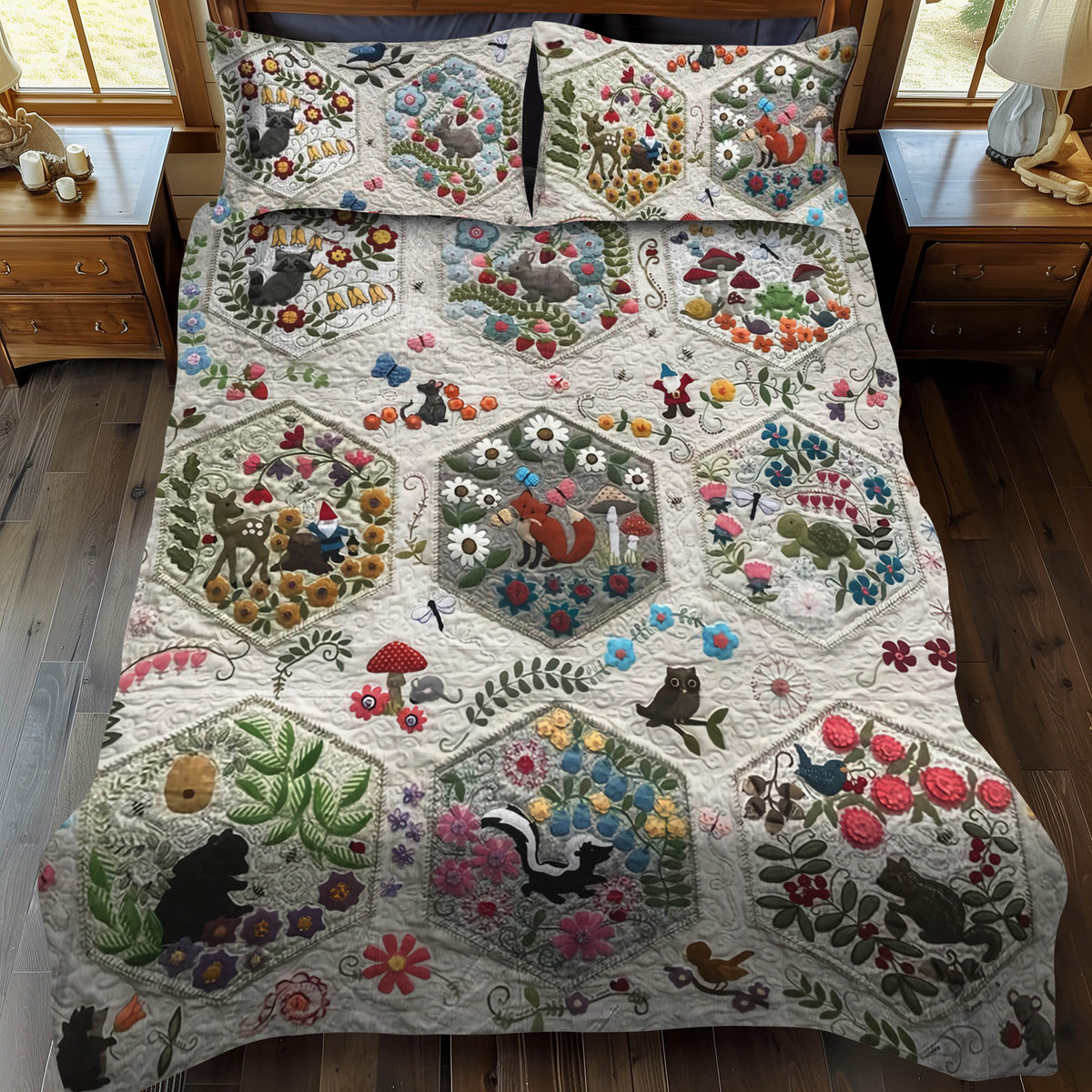 Woodland Hexagons quilted bedspread set – woodland animals in cream hexagons